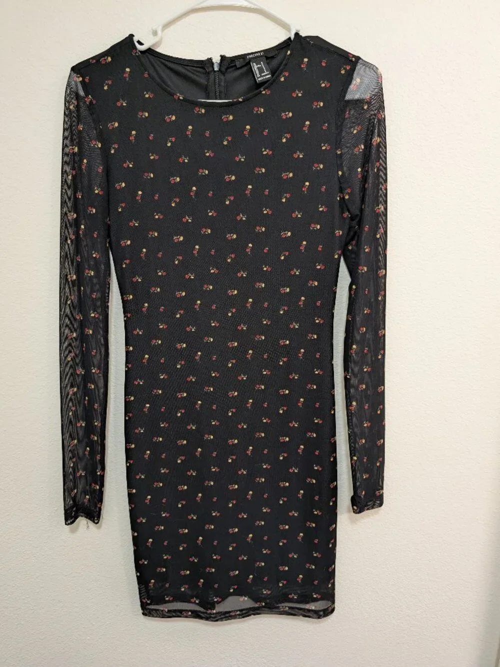Forever 21 Black Floral Print Sheer Lined Mini Dress Long Sleeve